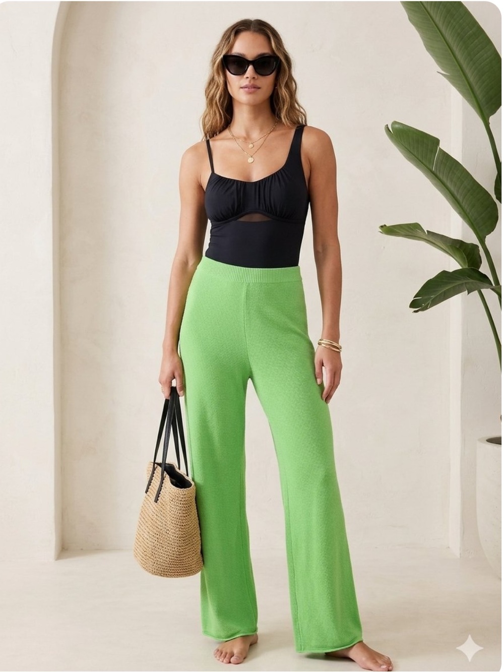 Zara neon green pull on knit cotton blend beach pants cover up size 6 SM